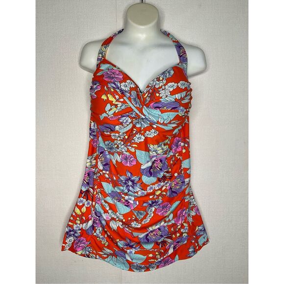 Ekouaer Womens One Piece Swimsuit Boy Leg Vintage Pin up Monokinis Orange Floral - Picture 1 of 8